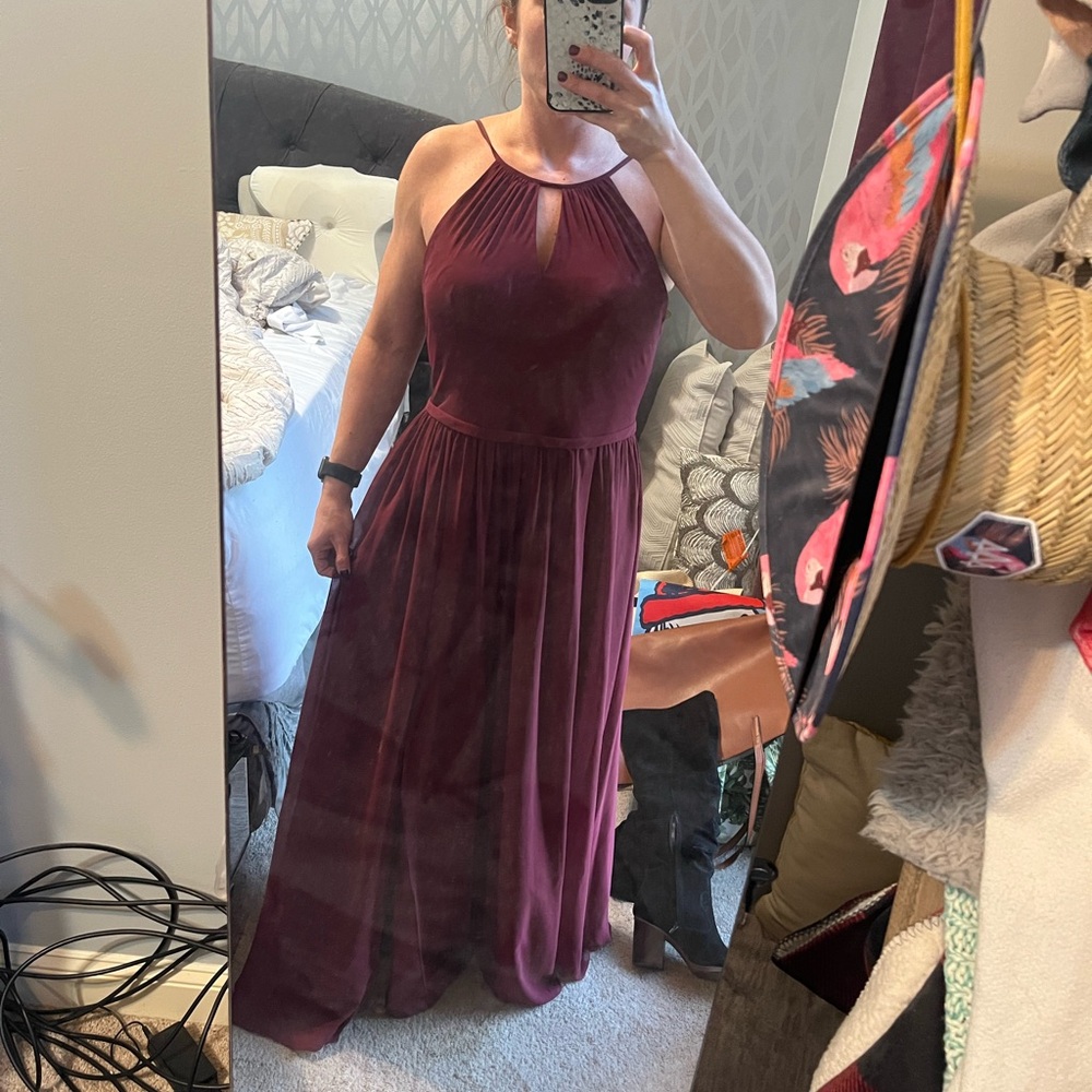 Azazie wine halter loop hole dress